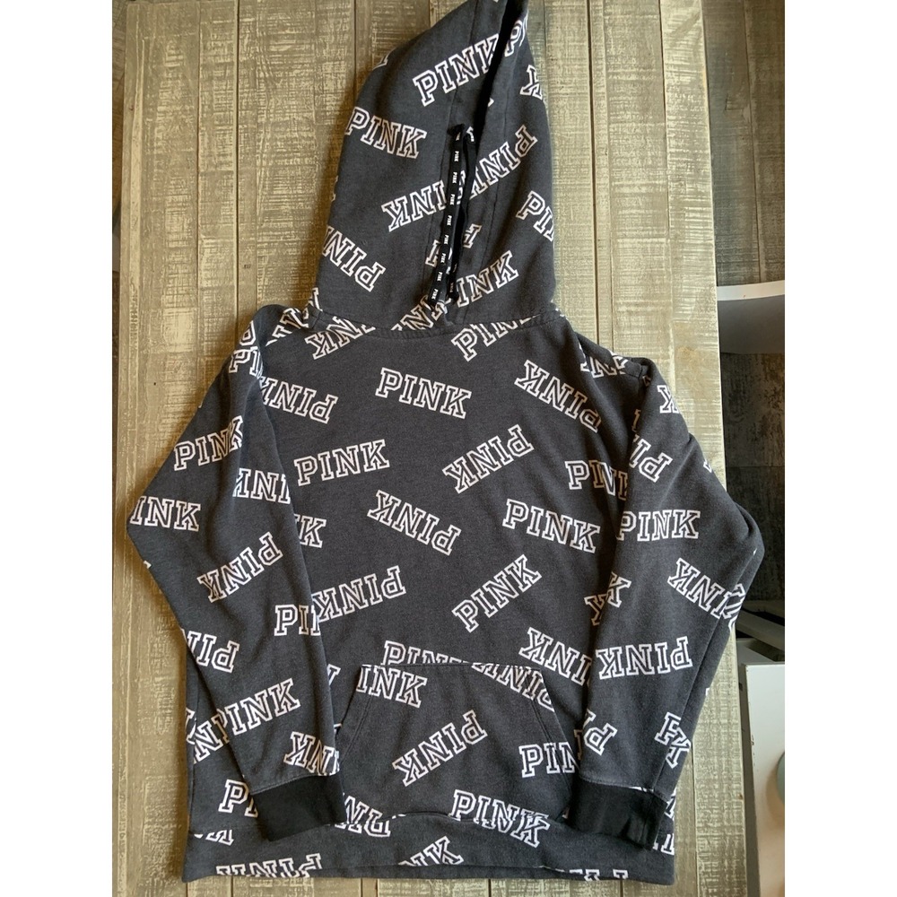 PINK Victoria's Secret Secret Logo Pullover Hoodie Black White Fleece Size Small